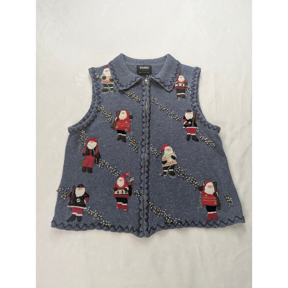 Vintage Studio Joy Skiing Santa Sweater Vest Medium Blue Beaded Zip Christmas M